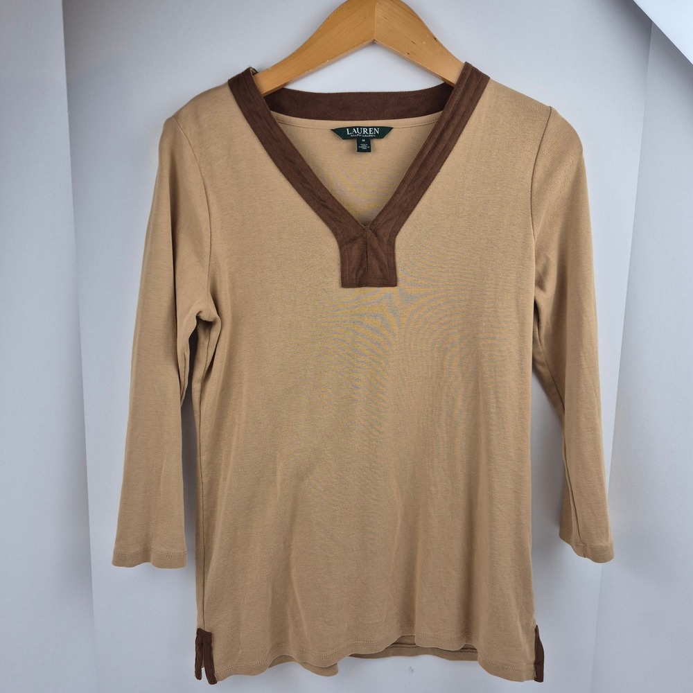 Lauren Ralph Lauren Tan V-Neck Top Brown Faux Suede Trim 3/4 Sleeve M All Cotton